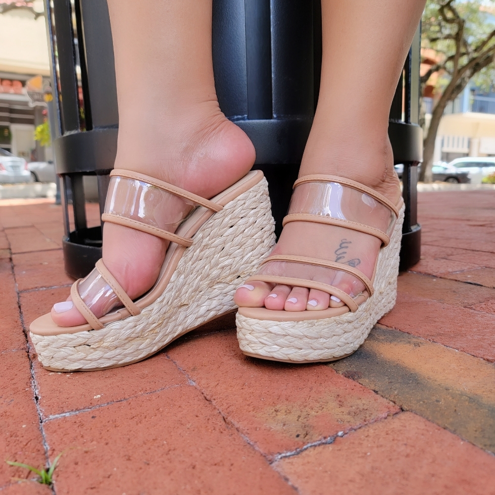 NWB Espadrille Wedge Clear Beige Double Strap